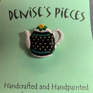 Tea Pot Pin Brooch Black Yellow Polka Dot Green Plaster Handmade Hand Painted